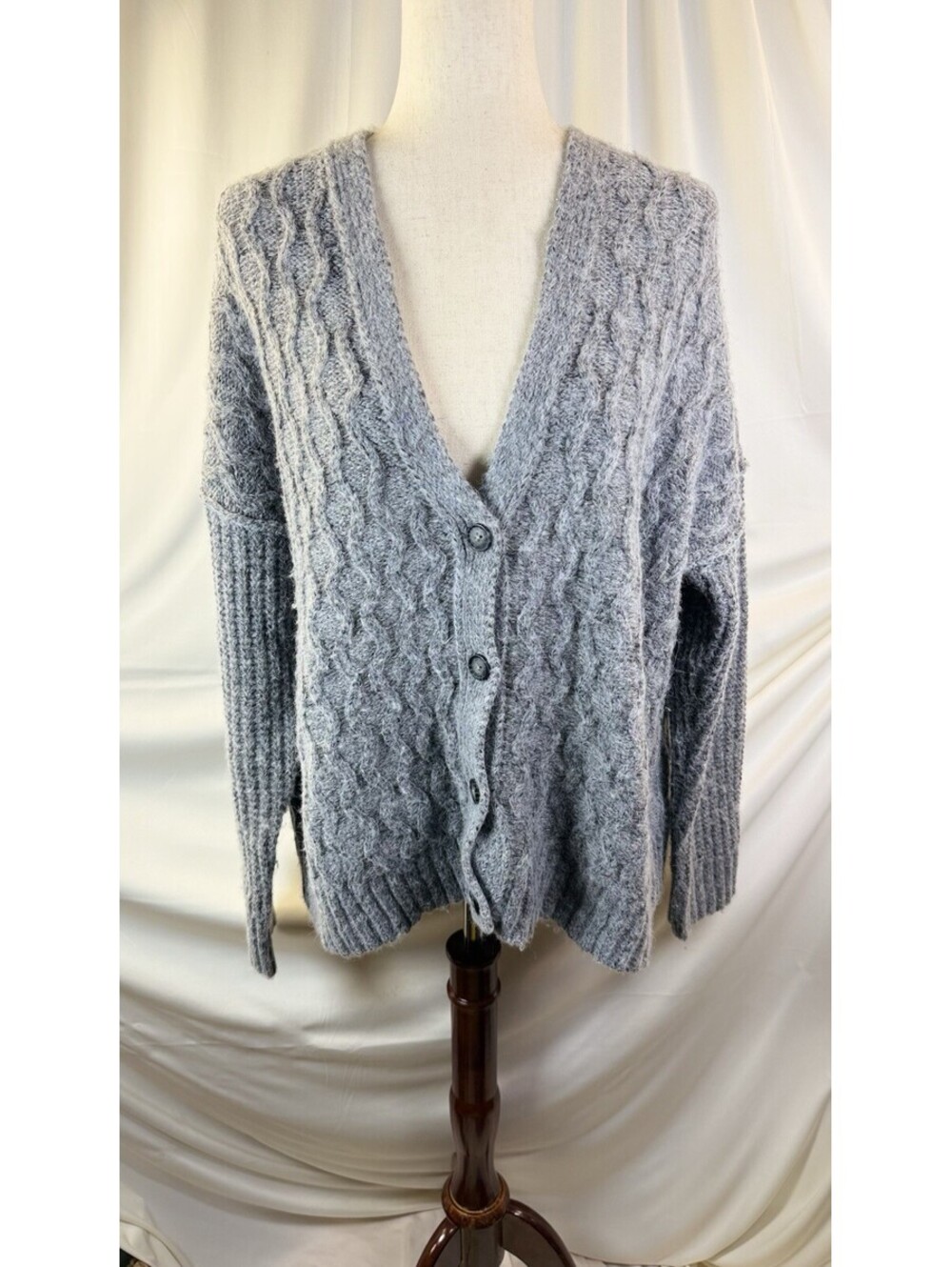 American Eagle Gray Cable Knit Cardigan Oversized Boho Womens Medium